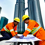 **Image Prompt:** A diverse group of fire safety engineers from Malaysia, Australia, and Europe collaborating on a building design plan, highlighting the exchange of ideas and best practices, showcasing the Petronas Twin Towers in the background subtly. The scene should evoke a sense of global teamwork and problem-solving.