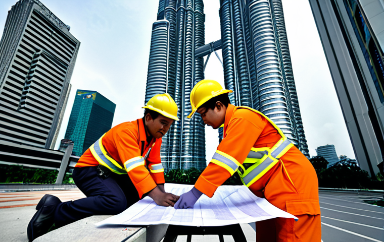 **Image Prompt:** A diverse group of fire safety engineers from Malaysia, Australia, and Europe collaborating on a building design plan, highlighting the exchange of ideas and best practices, showcasing the Petronas Twin Towers in the background subtly. The scene should evoke a sense of global teamwork and problem-solving.