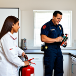 소방설비기사와 소방 안전 교육 - **Image:** A family in a fully equipped kitchen, practicing fire safety with a firefighter in modest...