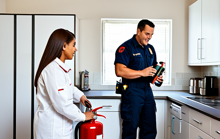소방설비기사와 소방 안전 교육 - **Image:** A family in a fully equipped kitchen, practicing fire safety with a firefighter in modest...